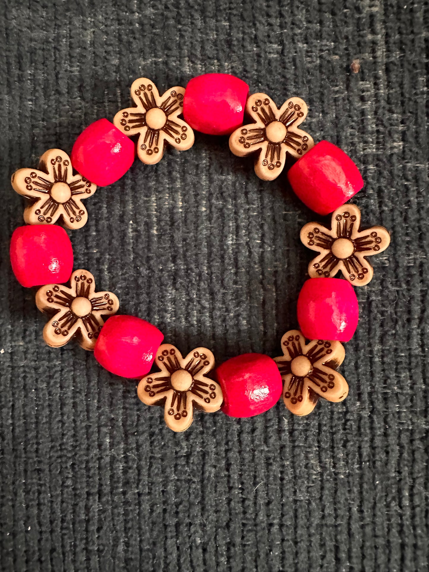 Pink and Floral Beaded Stretch Bracelet