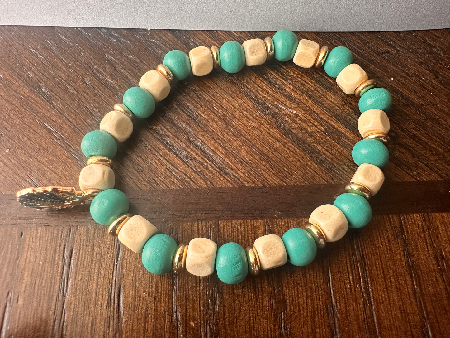 Turquoise and White Sea Shell Hand Strung Beaded Bracelet