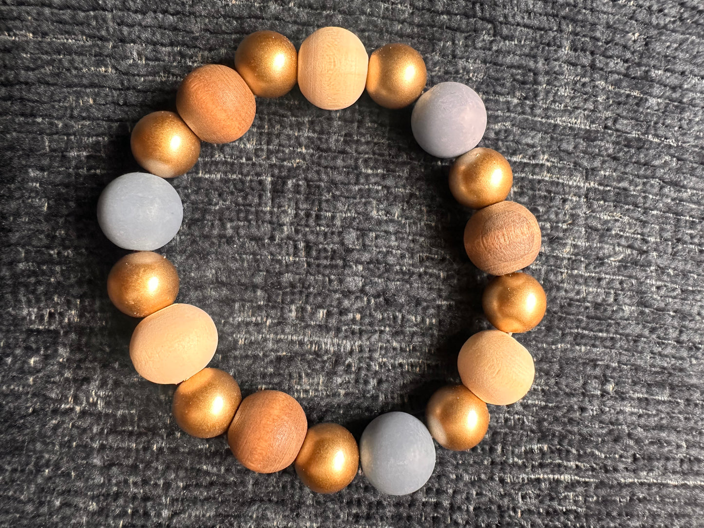 Cream, Blue, Brown and Gold Colored Hand Strung Beaded Stretch Bracelet