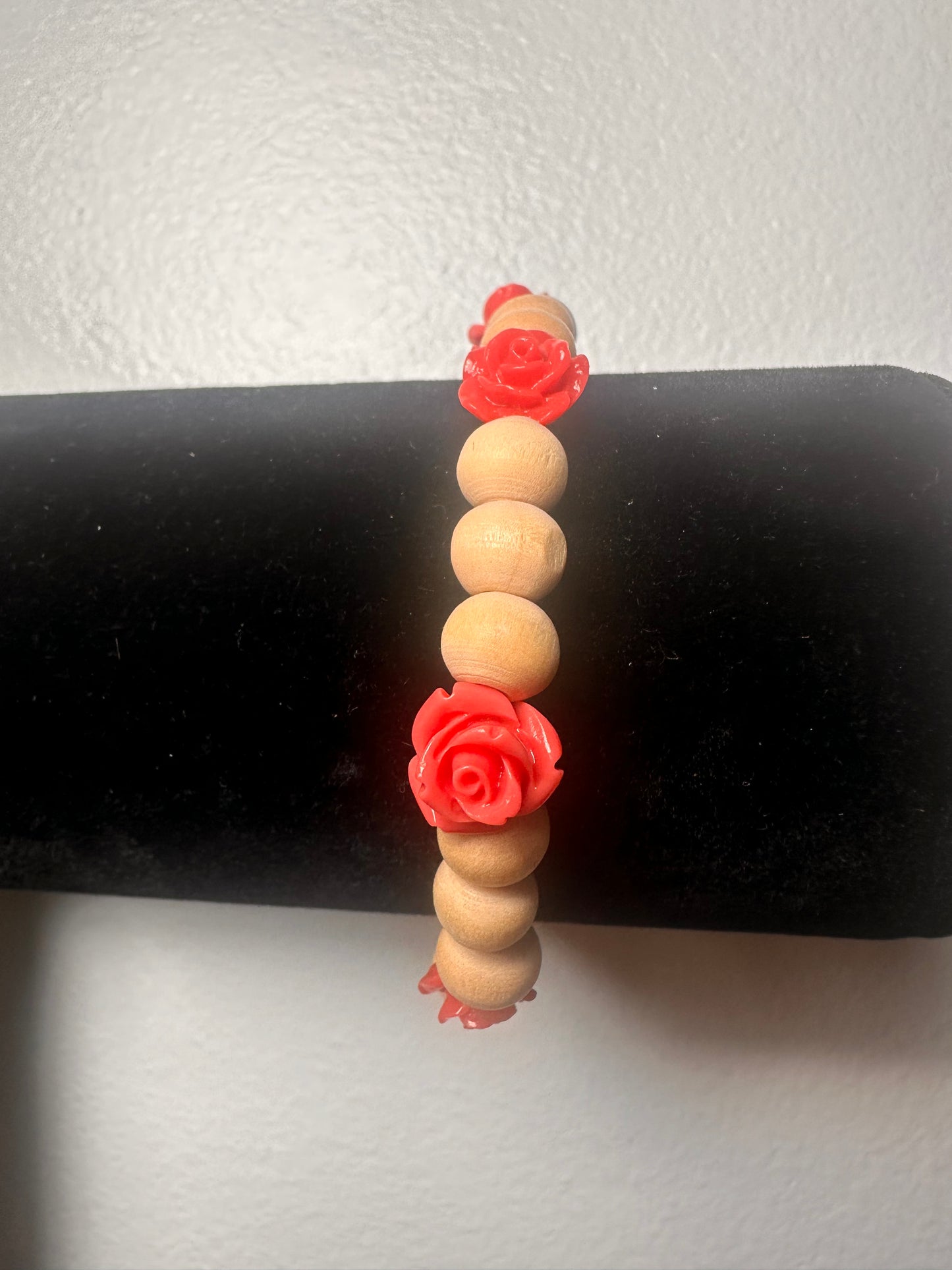 Coral Colored Rose with Wooden Beaded Stretch Bracelet