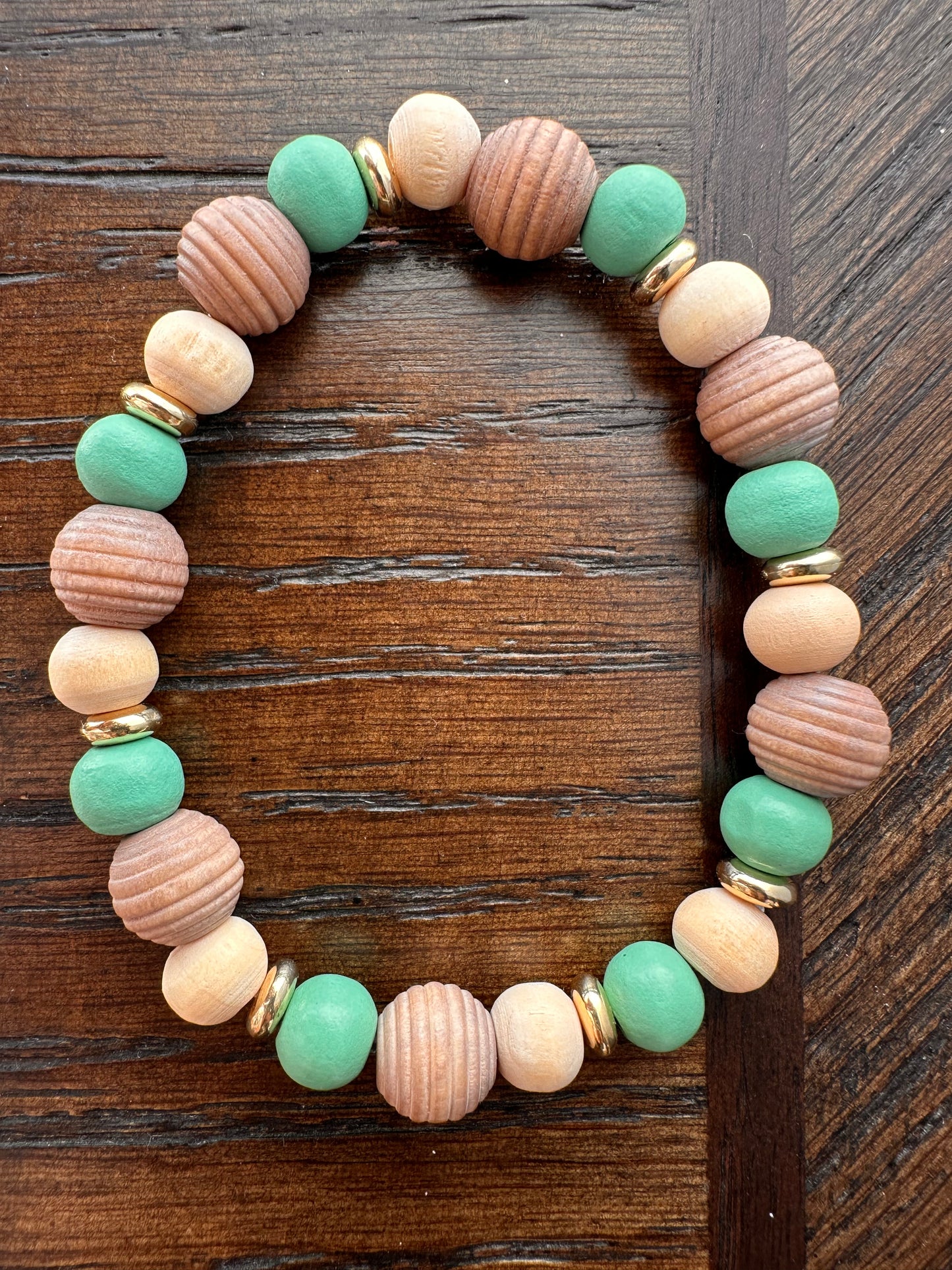 Aqua, Brown, Gold and Beige Hand Strung Beaded Bracelet