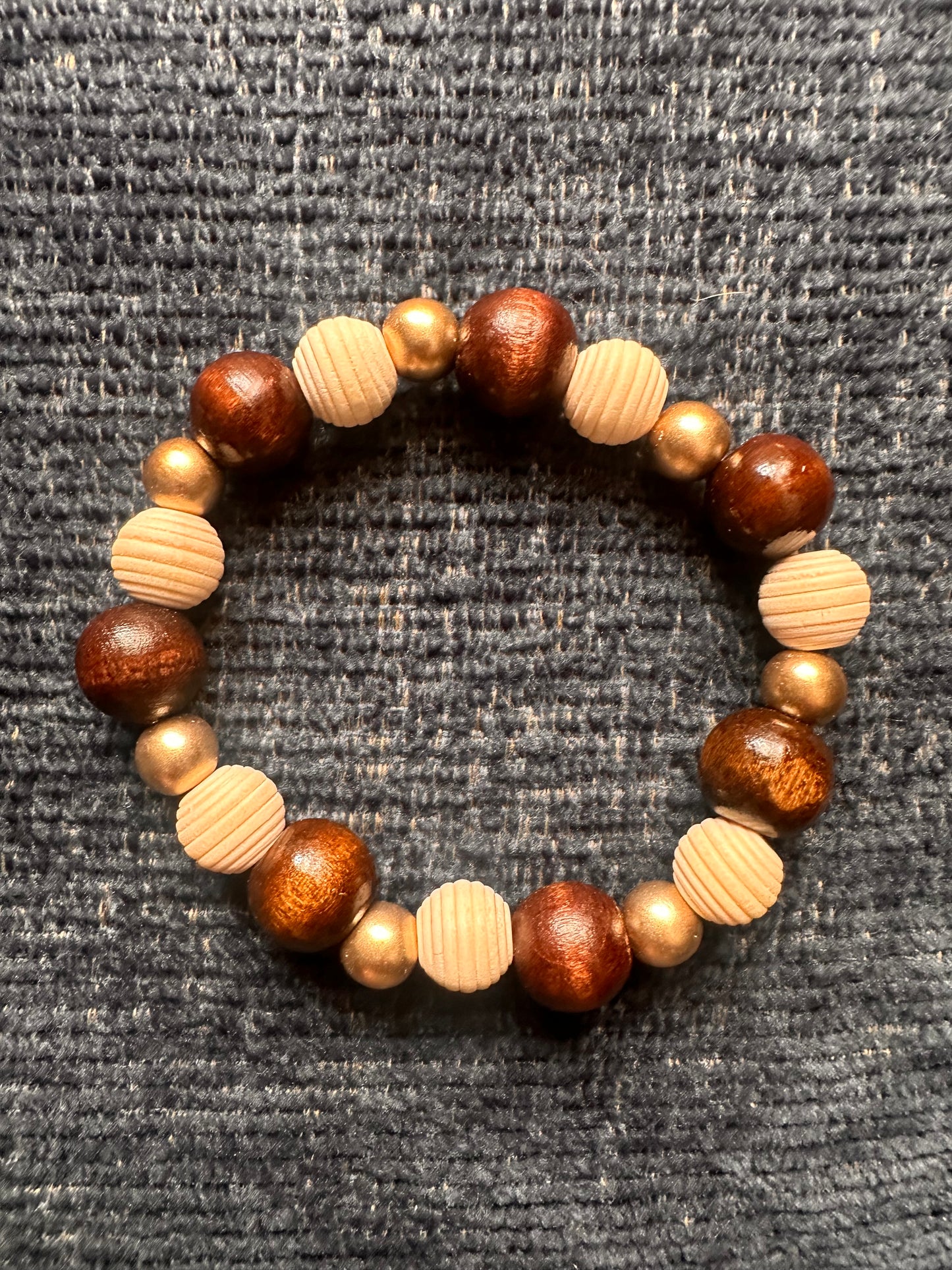 White, Gold and Brown Hand Strung Beaded Stretch Bracelet