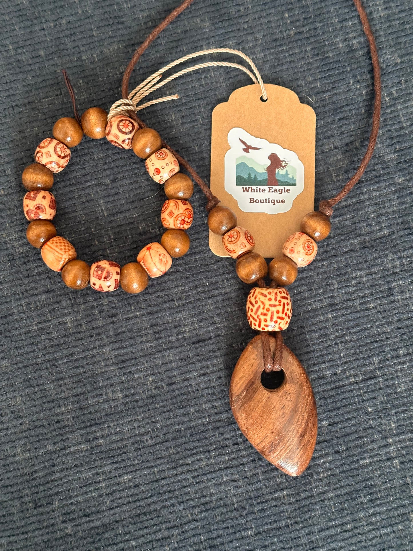 Hand Strung Wooden Beaded Necklace and Bracelet Set