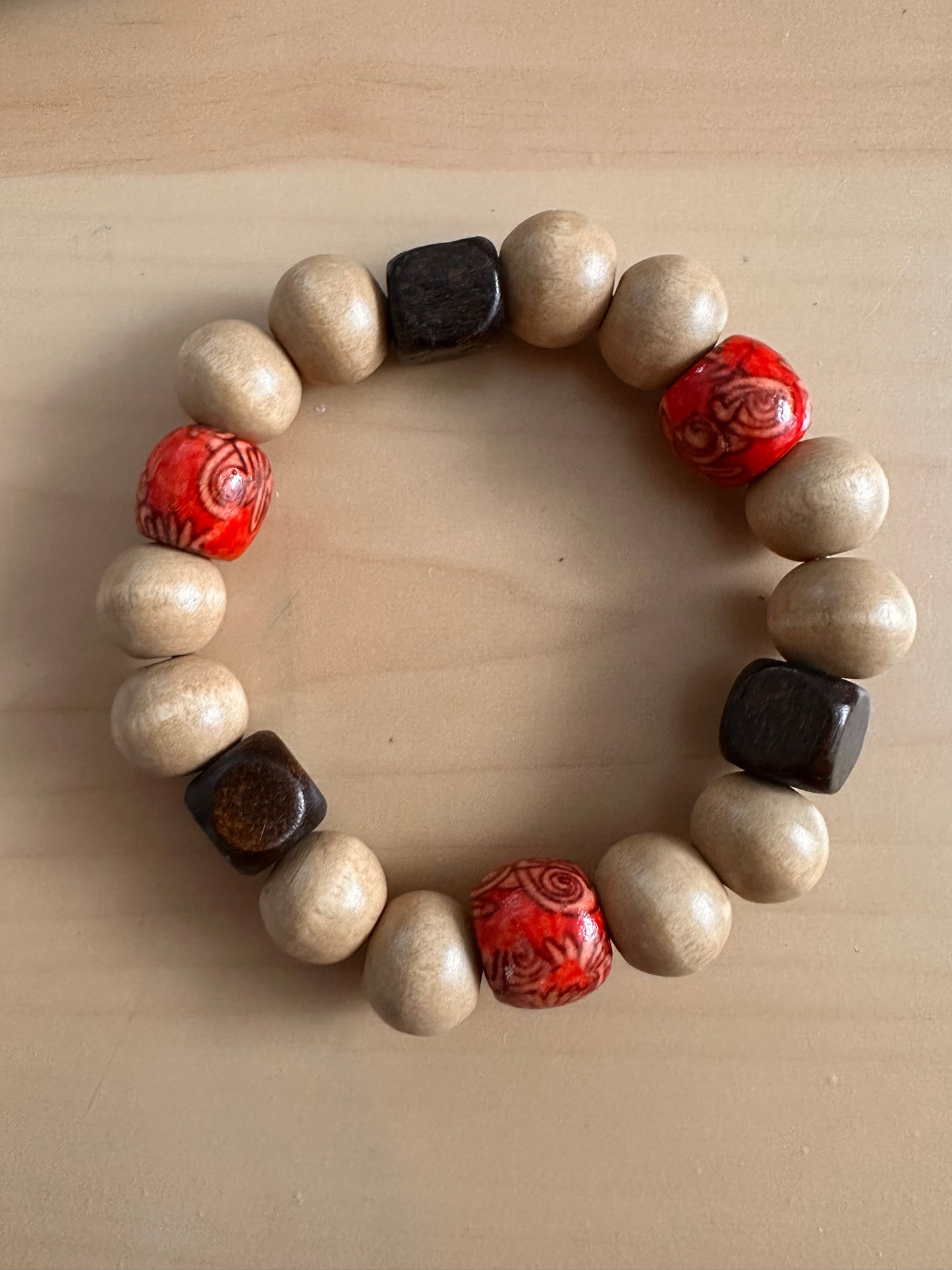 Hand Strung Beige, Brown and Red Beaded Bracelet