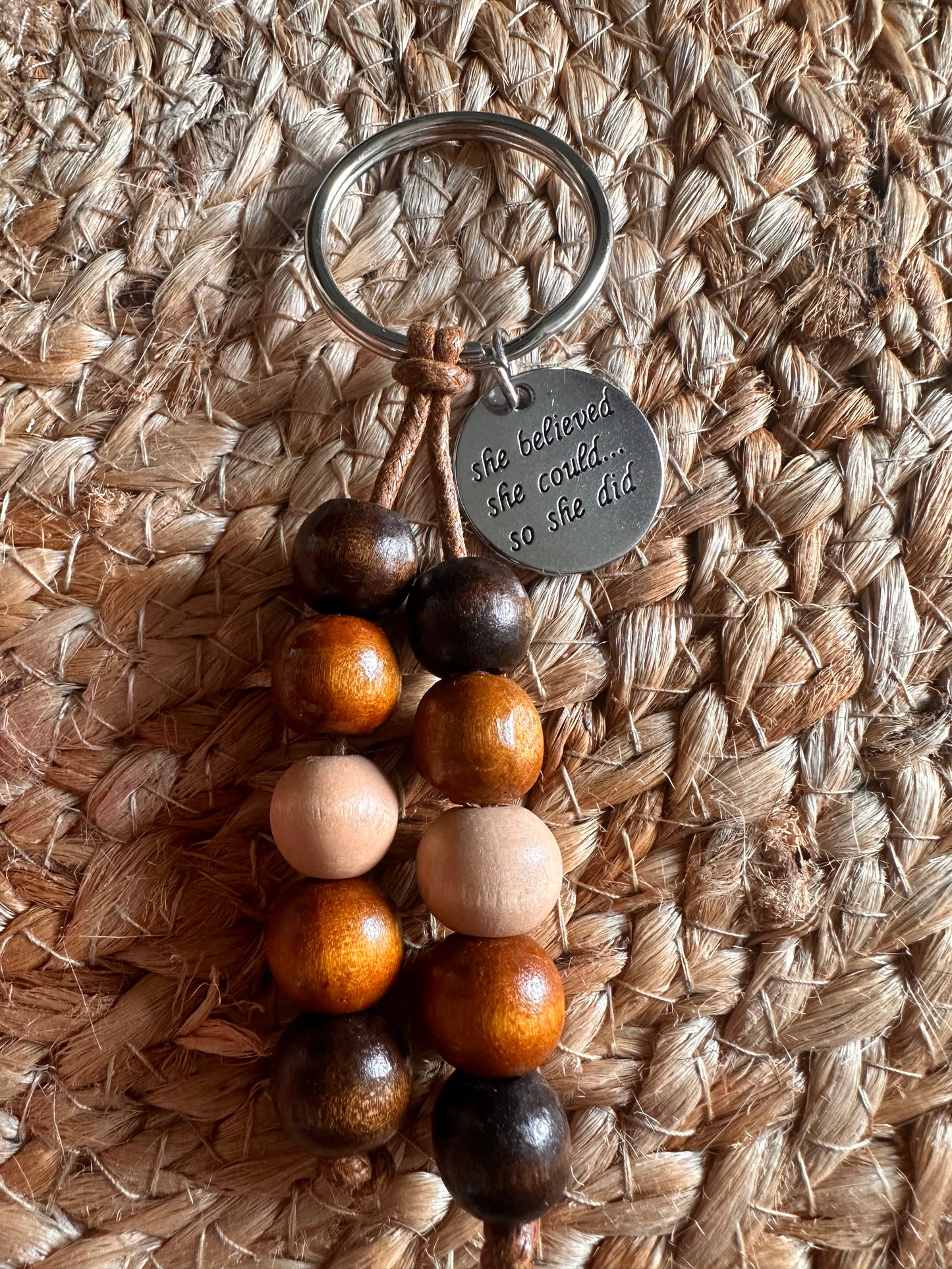 Inspirational Hand Strung "She Believed She Could...So She Did" Charm Keychain