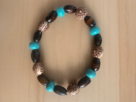 Turquoise and Brown Beaded Stretch Bracelet