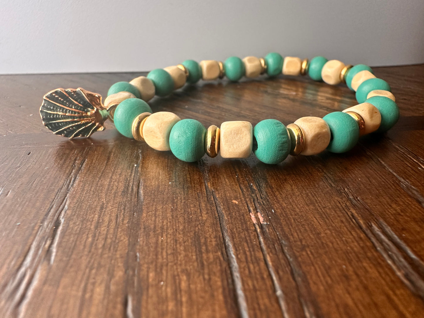 Turquoise and White Sea Shell Hand Strung Beaded Bracelet