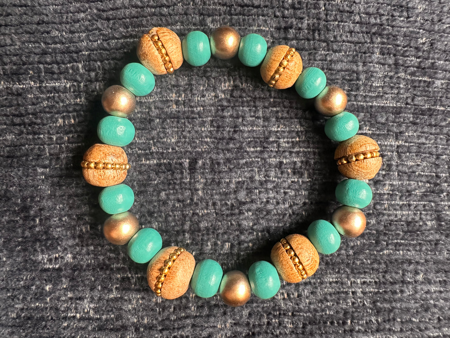 Turquoise, Gold and Brown Hand Strung Beaded Stretch Bracelet