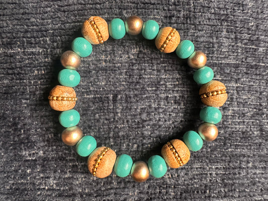 Turquoise, Gold and Brown Hand Strung Beaded Stretch Bracelet