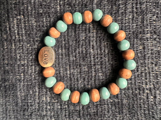 Turquoise and Brown  Love Charm Hand Strung Beaded Stretch Bracelet