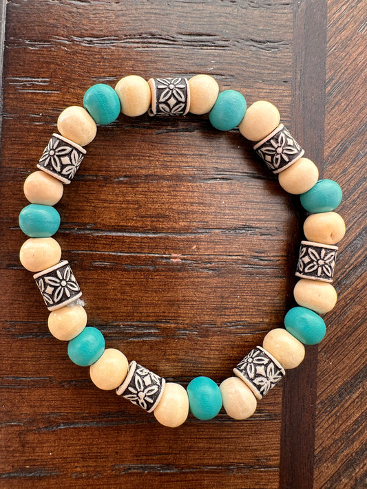 Cream, Turquoise and Flower Beaded Bracelet