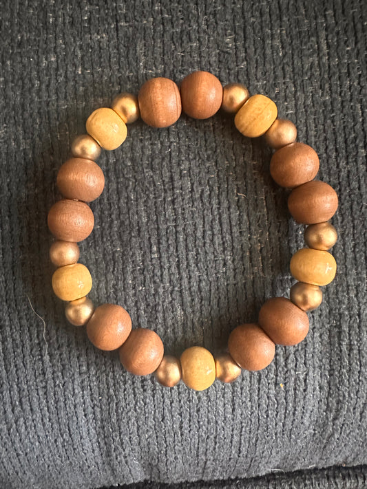 Brown, Tan and Gold Hand Strung Beaded Stretch Bracelet