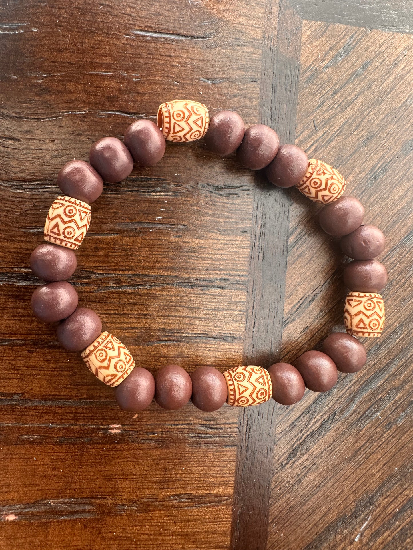 Brown and Beige Hand Strung Beaded Stretch Bracelet