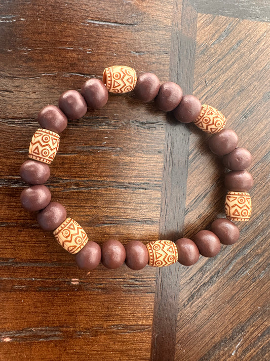Brown and Beige Hand Strung Beaded Stretch Bracelet