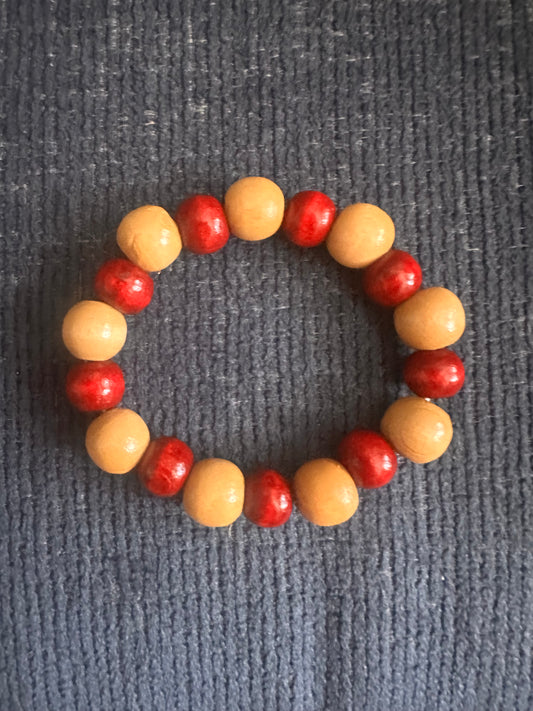 Red and Tan Hand Strung Beaded Stretch Bracelet