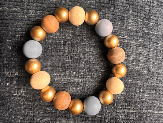 Cream, Blue, Brown and Gold Colored Hand Strung Beaded Stretch Bracelet