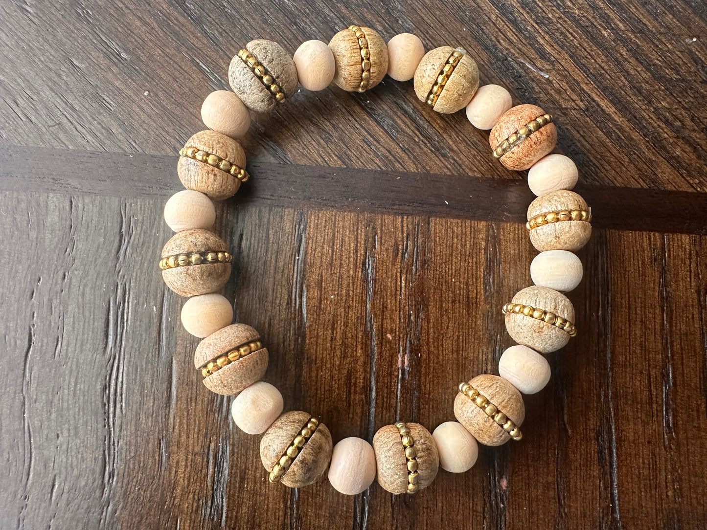 Tan and Gold, Cream Hand Strung Beaded Bracelet
