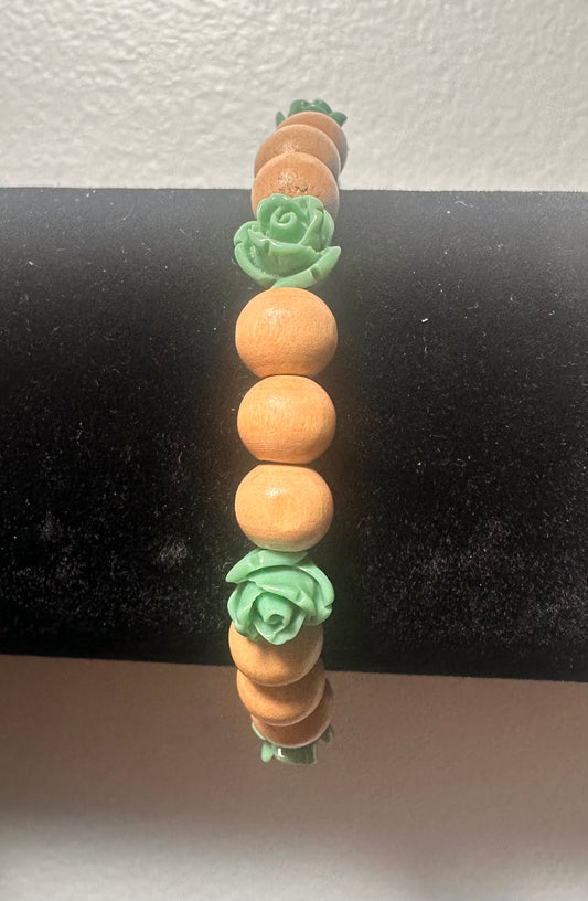 Turquoise Colored Rose with Wooden Beaded Stretch Bracelet