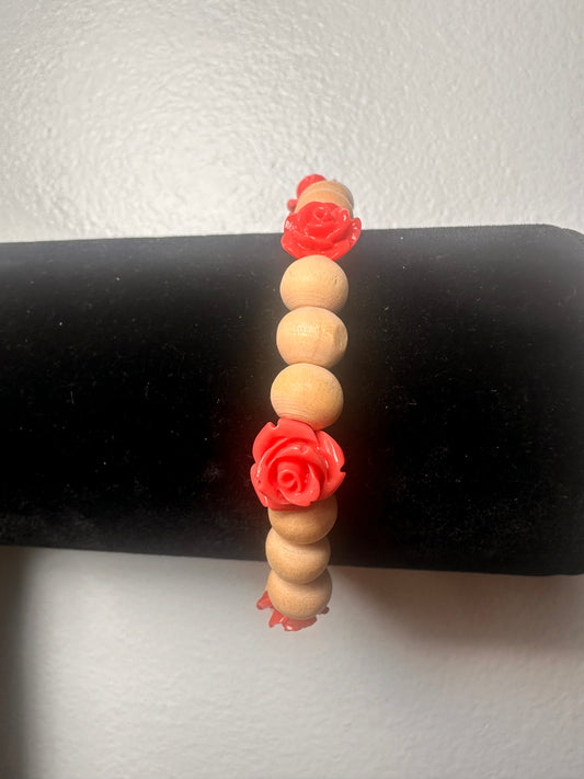 Coral Colored Rose with Wooden Beaded Stretch Bracelet
