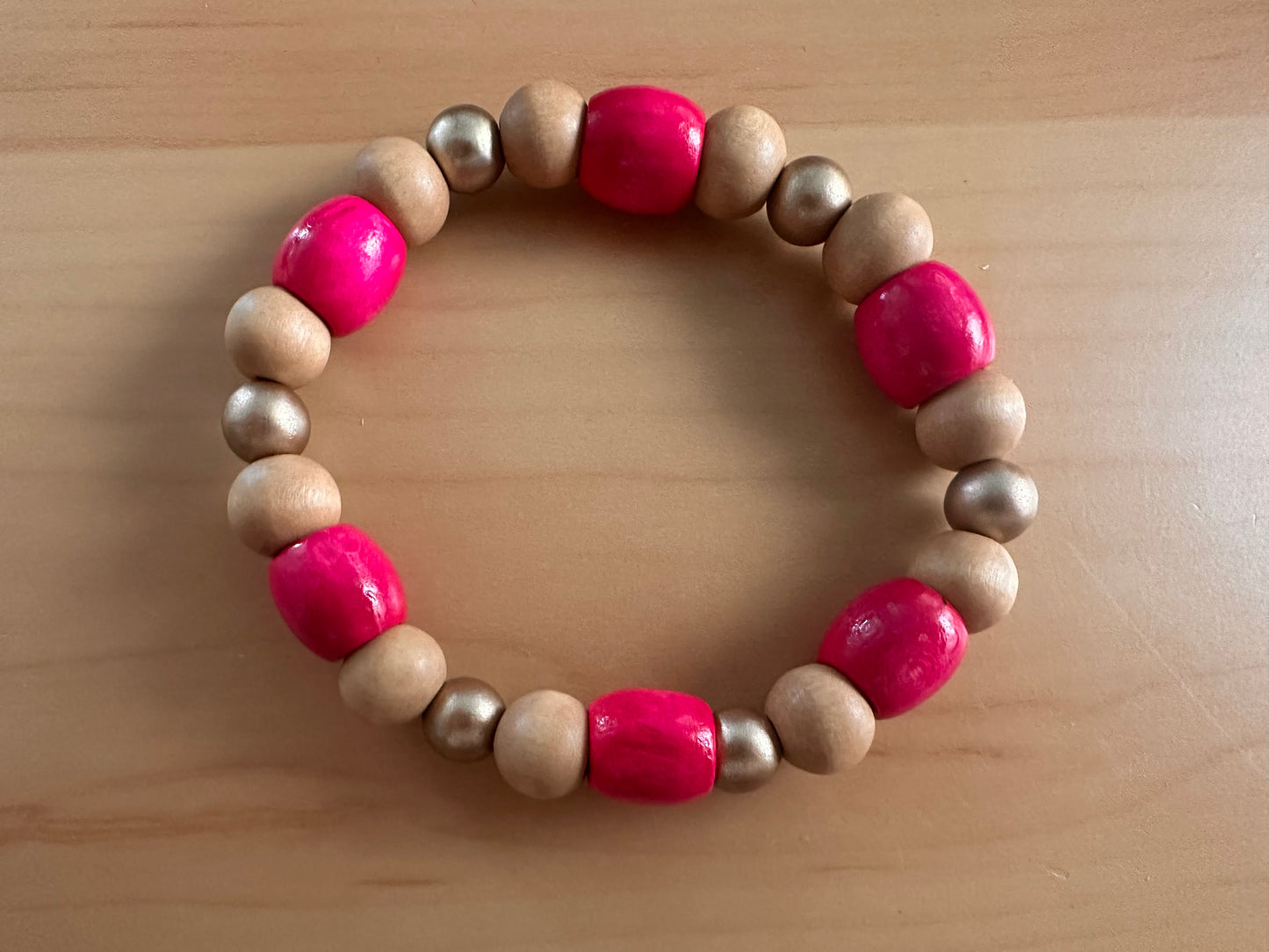 Pink, Tan and Gold Beaded Stretch Bracelet