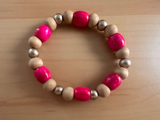 Pink, Tan and Gold Beaded Stretch Bracelet