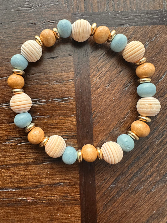 Blue, Off-White, Brown and Gold Stretch Bracelet