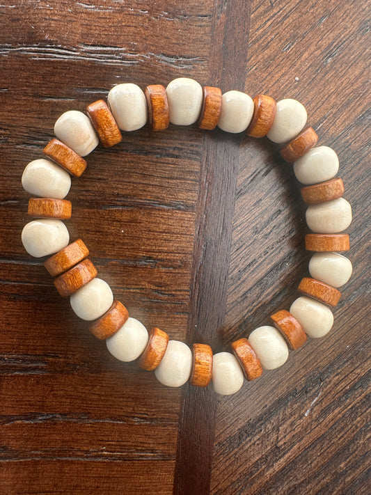 Cream and Brown Hand Strung Beaded Stretch Bracelet