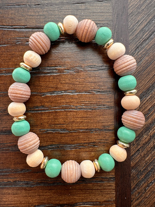 Aqua, Brown, Gold and Beige Hand Strung Beaded Bracelet