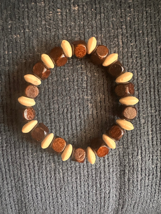 Brown and White Hand Strung Beaded Stretch Bracelet
