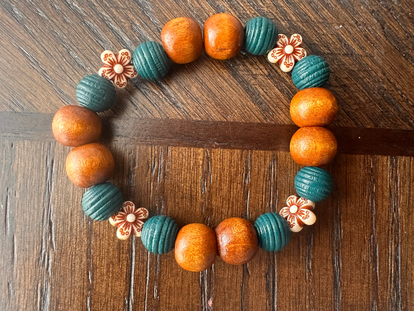Brown, Teal and Flower Hand Strung Beaded Bracelet