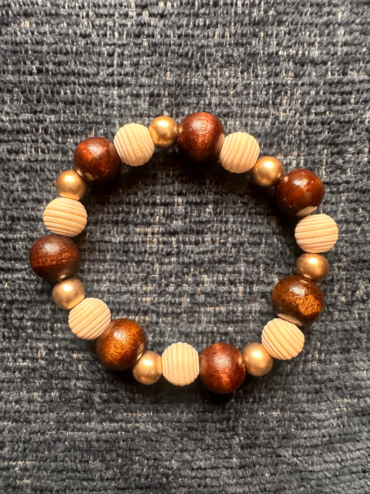 White, Gold and Brown  Hand Strung Beaded Stretch Bracelet