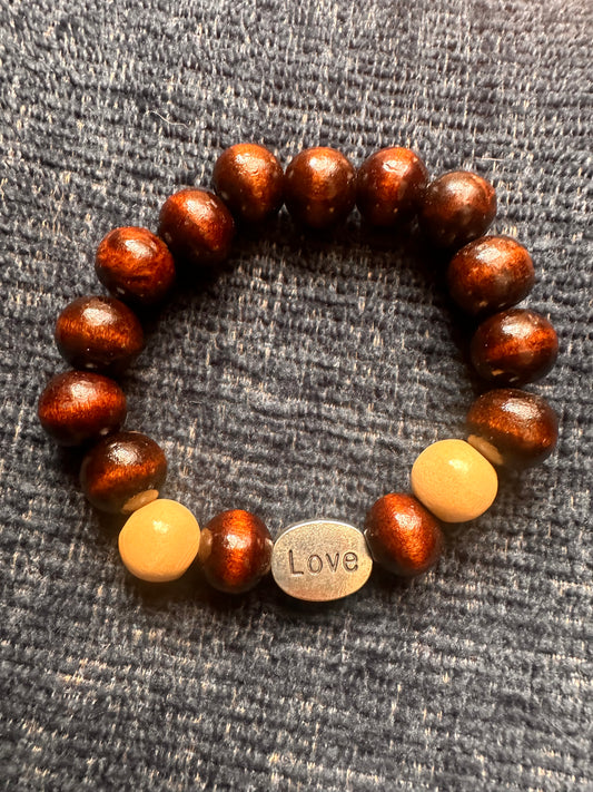 Cream and Brown Love CharmHand Strung Beaded Stretch Bracelet