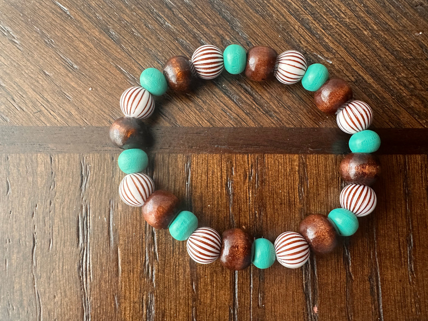 Turquoise, Brown and Striped Hand Strung Beaded Bracelet