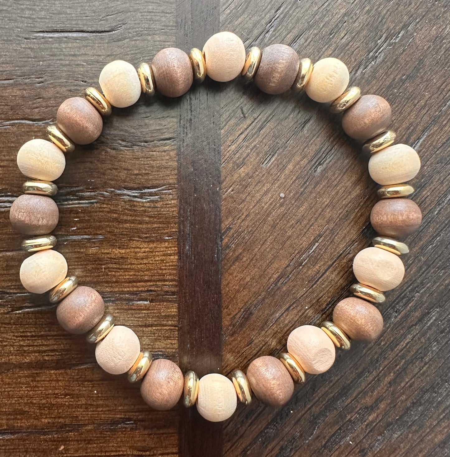 Beige, Brown, and Gold Hand Strung Beaded Stretch Bracelet