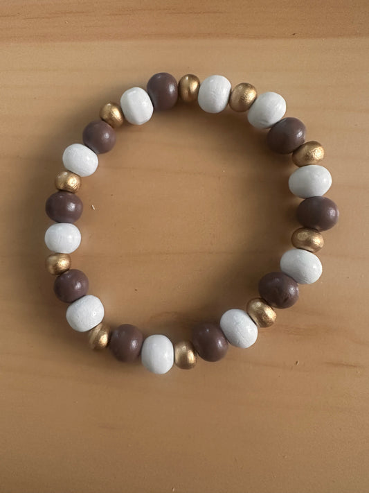 Brown, White and Gold Beaded Stretch Bracelet
