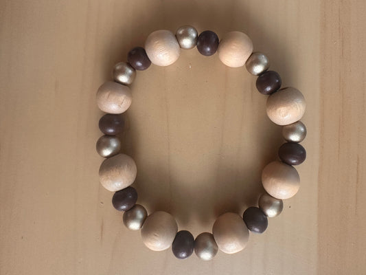 Brown, Tan and  Gold Beaded Stretch Bracelet