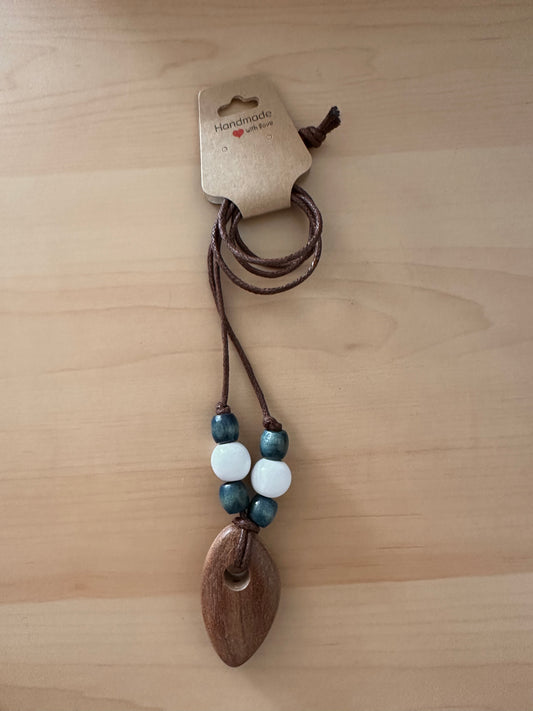 Blue and White Hand Strung Wood Beaded Necklace