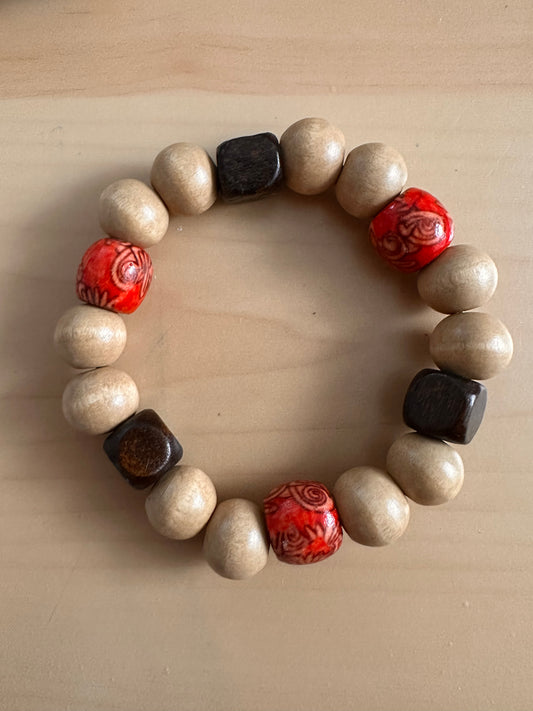 Hand Strung Beige, Brown and Red Beaded Bracelet