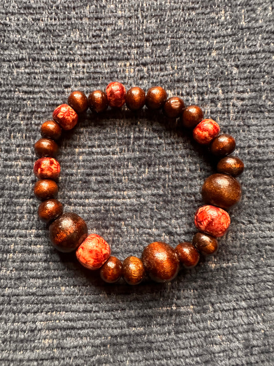 Floral and Brown Hand Strung Beaded Stretch Bracelet