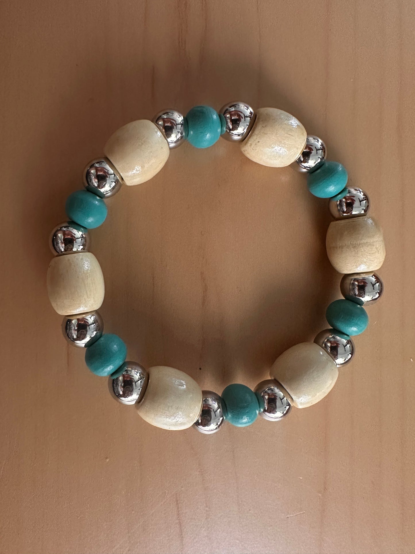 Turquoise, Silver and Off White Beaded Stretch Bracelet