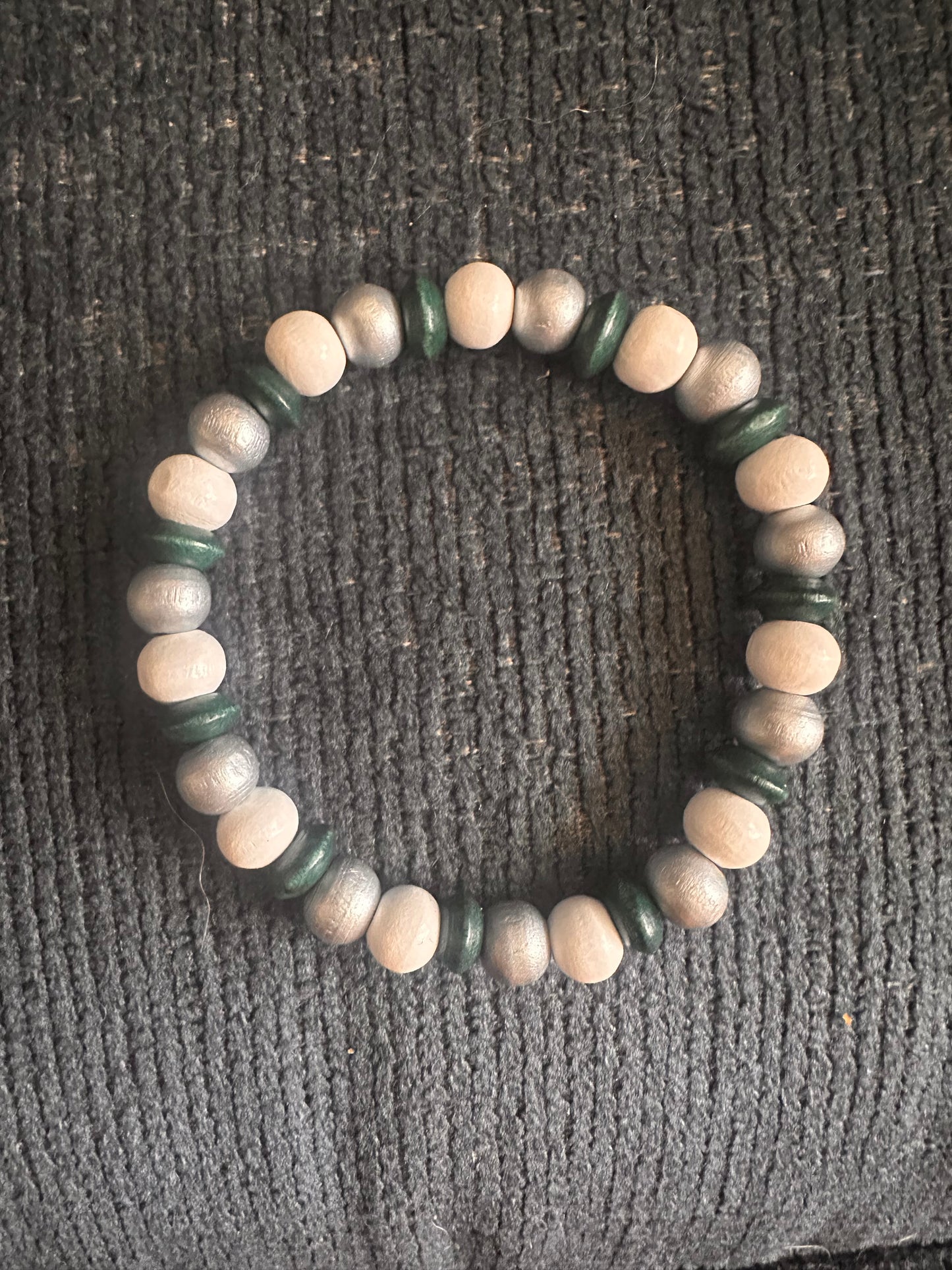 Teal, White and Silver Hand Strung Beaded Stretch Bracelet