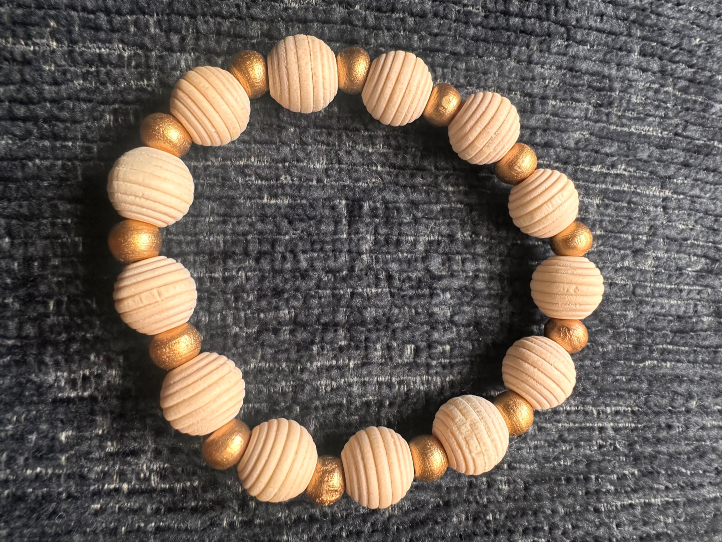 Gold and Cream Colored Hand Strung Beaded Stretch Bracelet