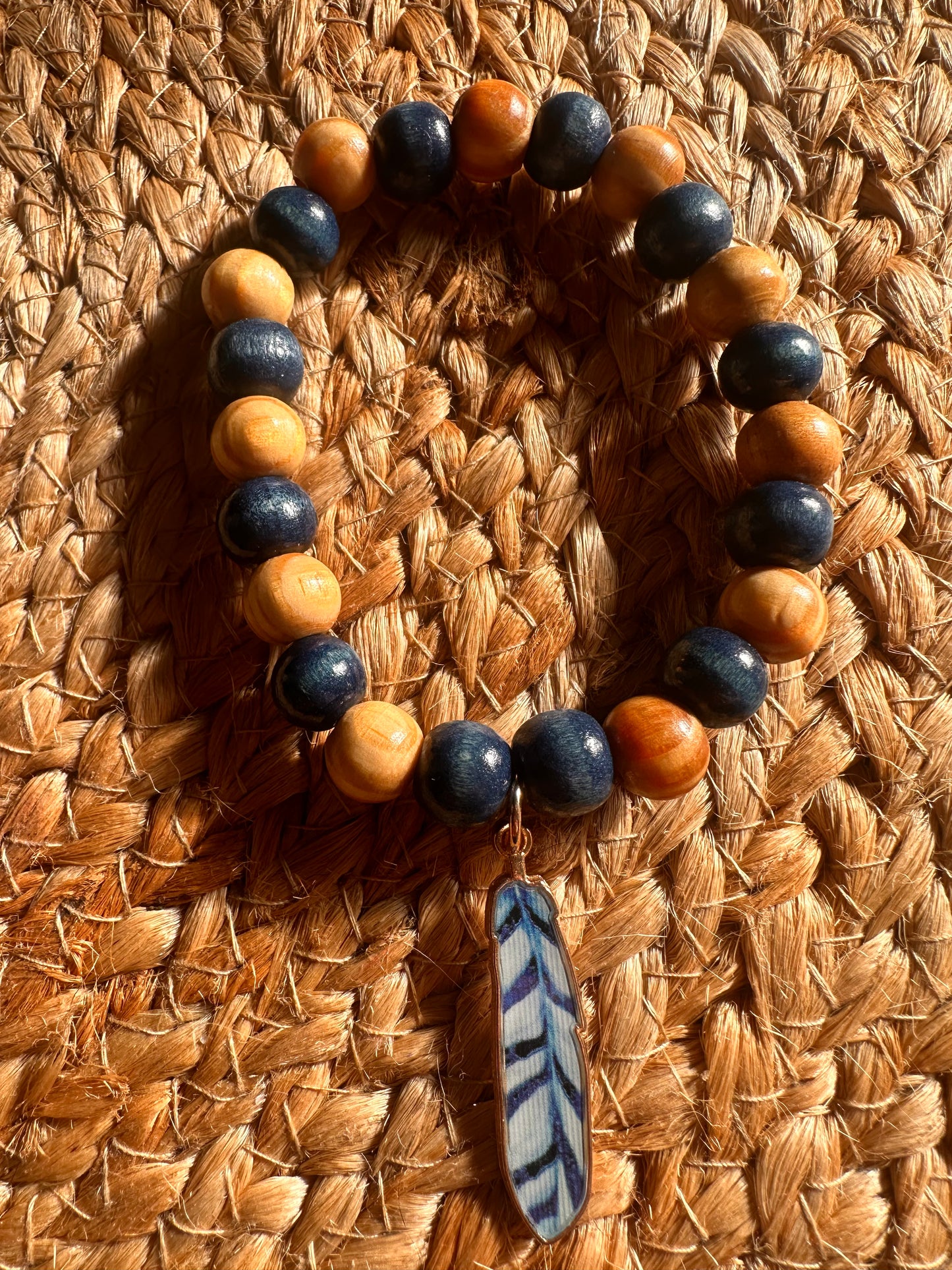 Handstrung Beaded Feather Charm Stretch Bracelet