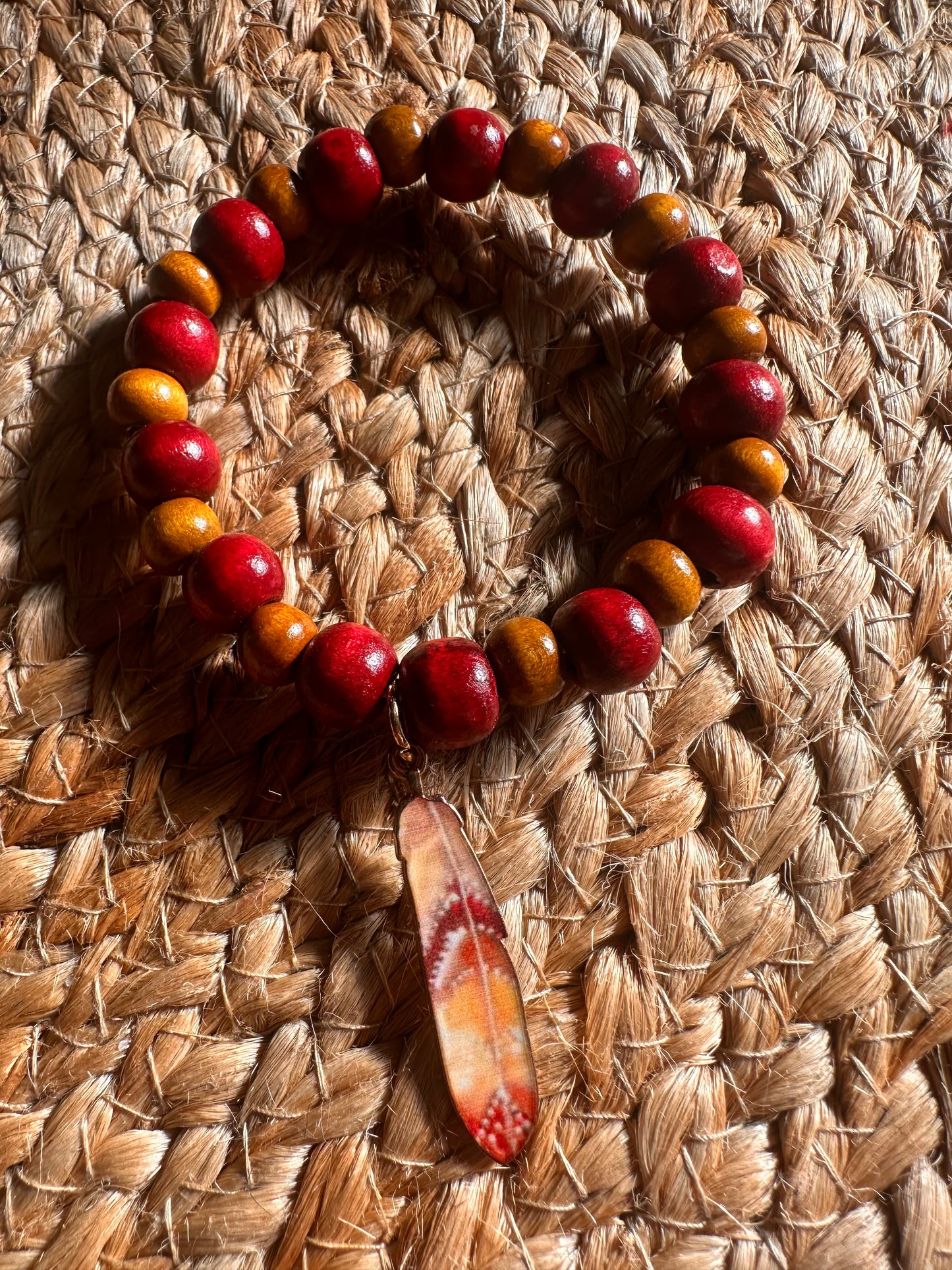 Handstrung Beaded Feather Charm Stretch Bracelet