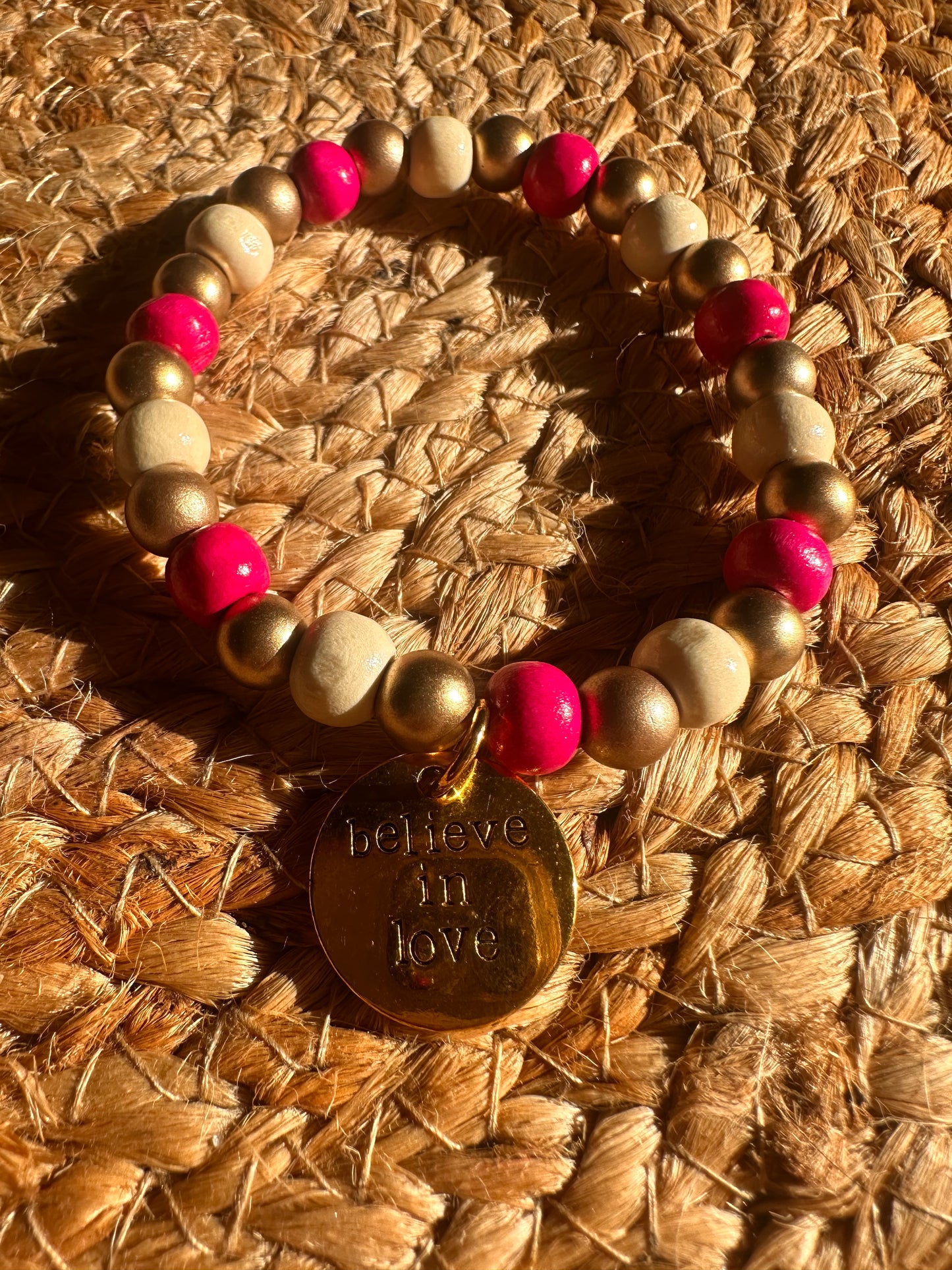 Inspirational Hand Strung "Believe In Love" Stretch Charm Bracelet